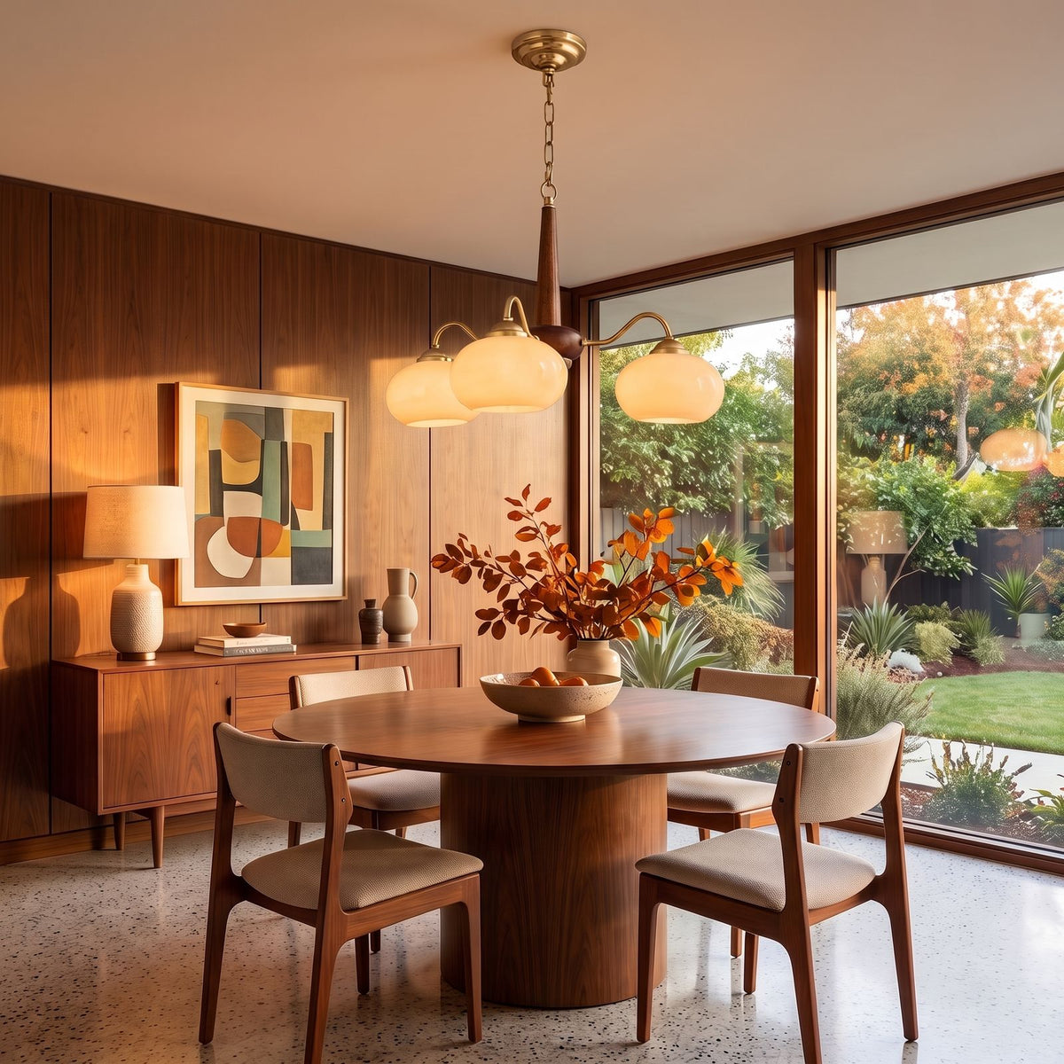 Walnut Wood and Brass Arm Glass Shade Chandelier with cream glass above a dining table at golden hour