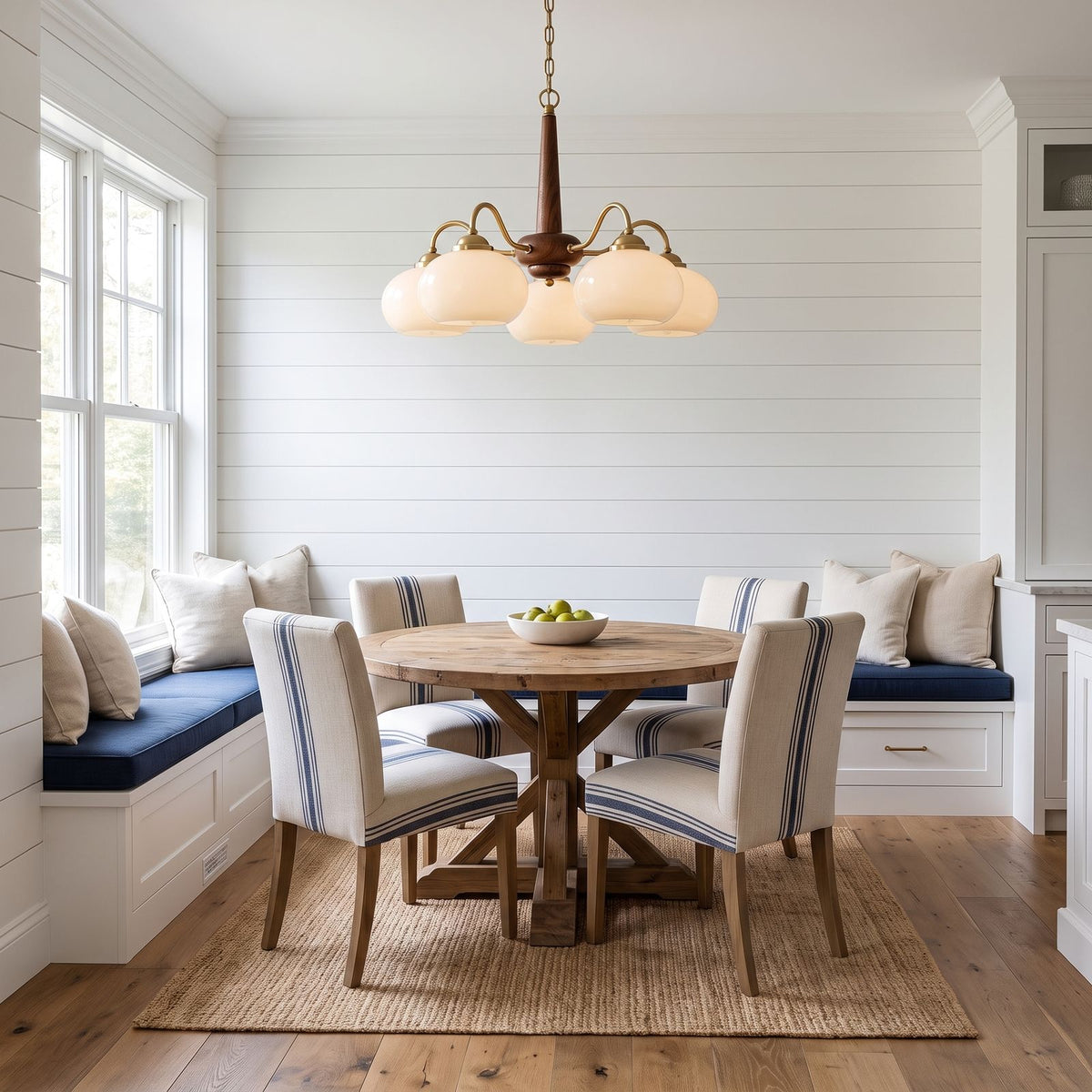 Walnut Wood and Brass Arm Glass Shade Chandelier, 4 lights, above a breakfast table
