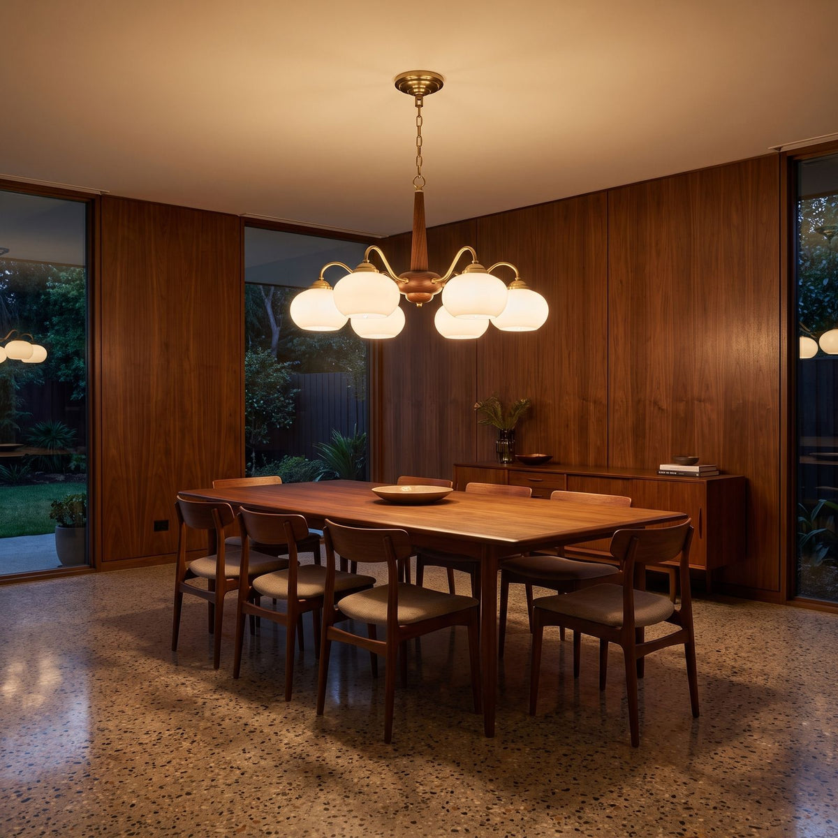 Walnut Wood and Brass Arm Glass Shade Chandelier, 6 lights, above a dining table