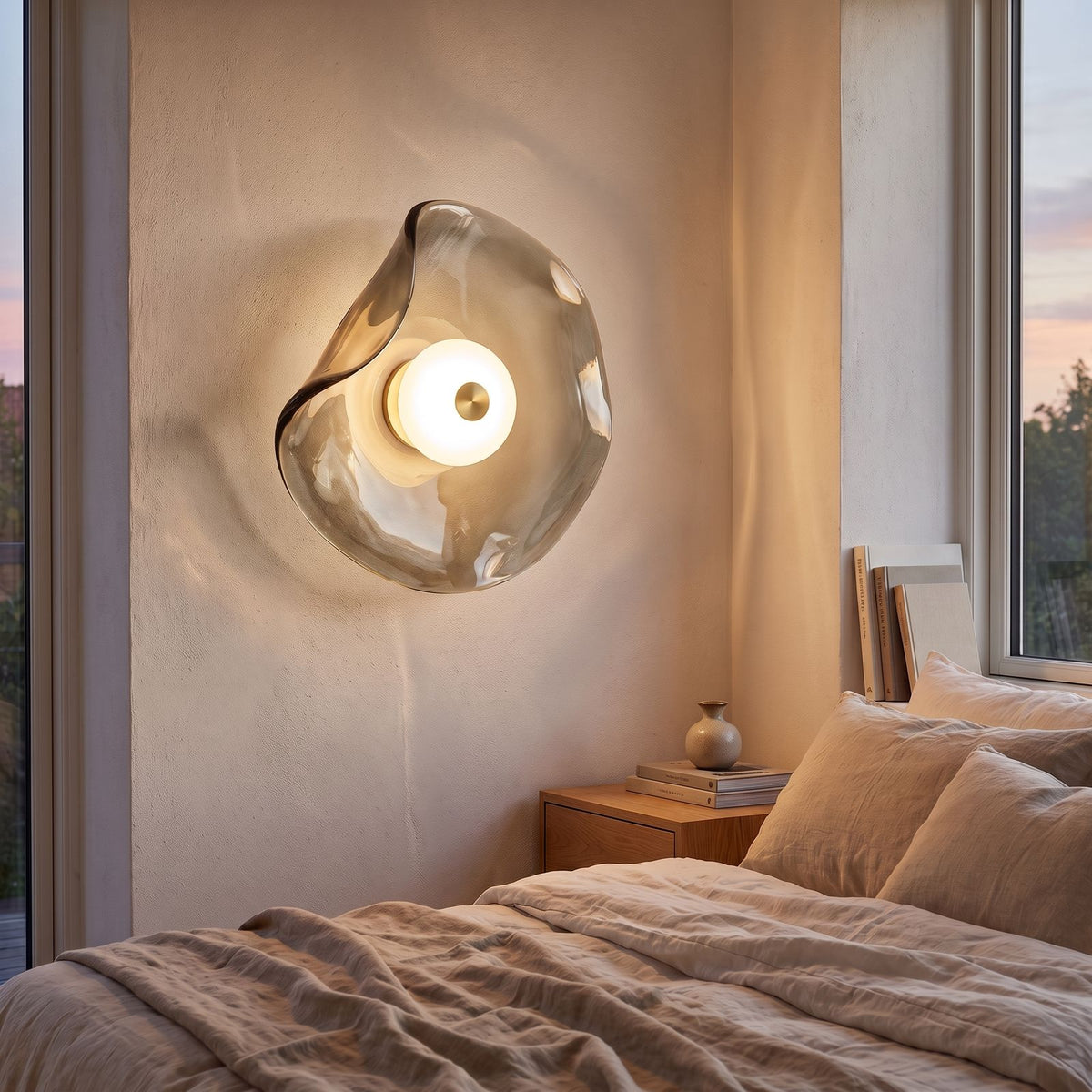 Wavy Art Glass Disc LED Wall Light in grey glass beside a bed