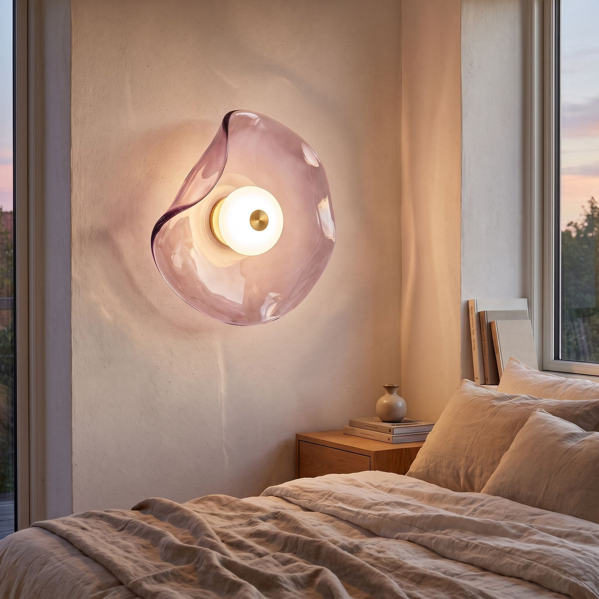 Wavy Art Glass Disc LED Wall Light in purple glass beside a bed