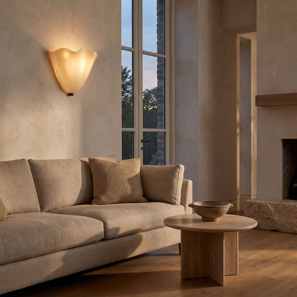 Wavy Beige Glass Shell Wall Light above a living room sofa