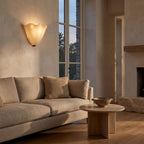 Wavy Beige Glass Shell Wall Light above a living room sofa