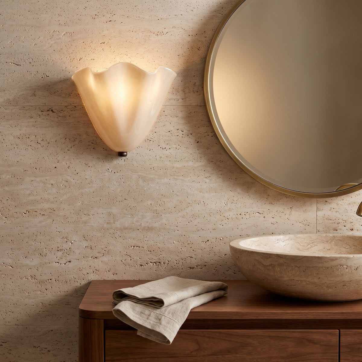 Wavy Beige Glass Shell Wall Light in a travertine powder room