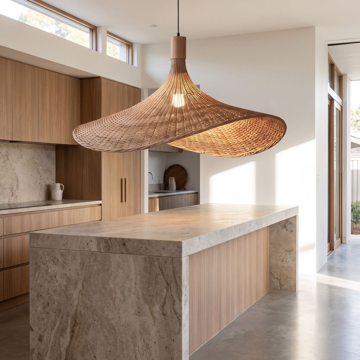 Wavy brim woven bamboo pendant light over a kitchen island in daylight