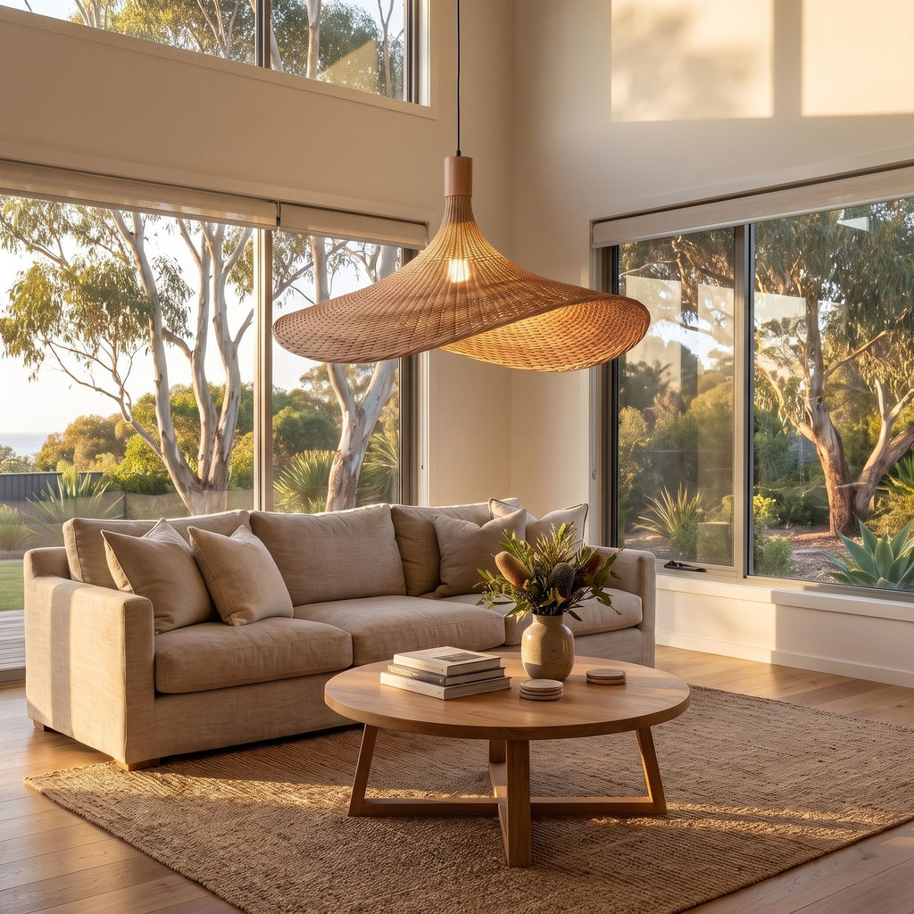 Wavy brim woven bamboo pendant light in a wide living room view