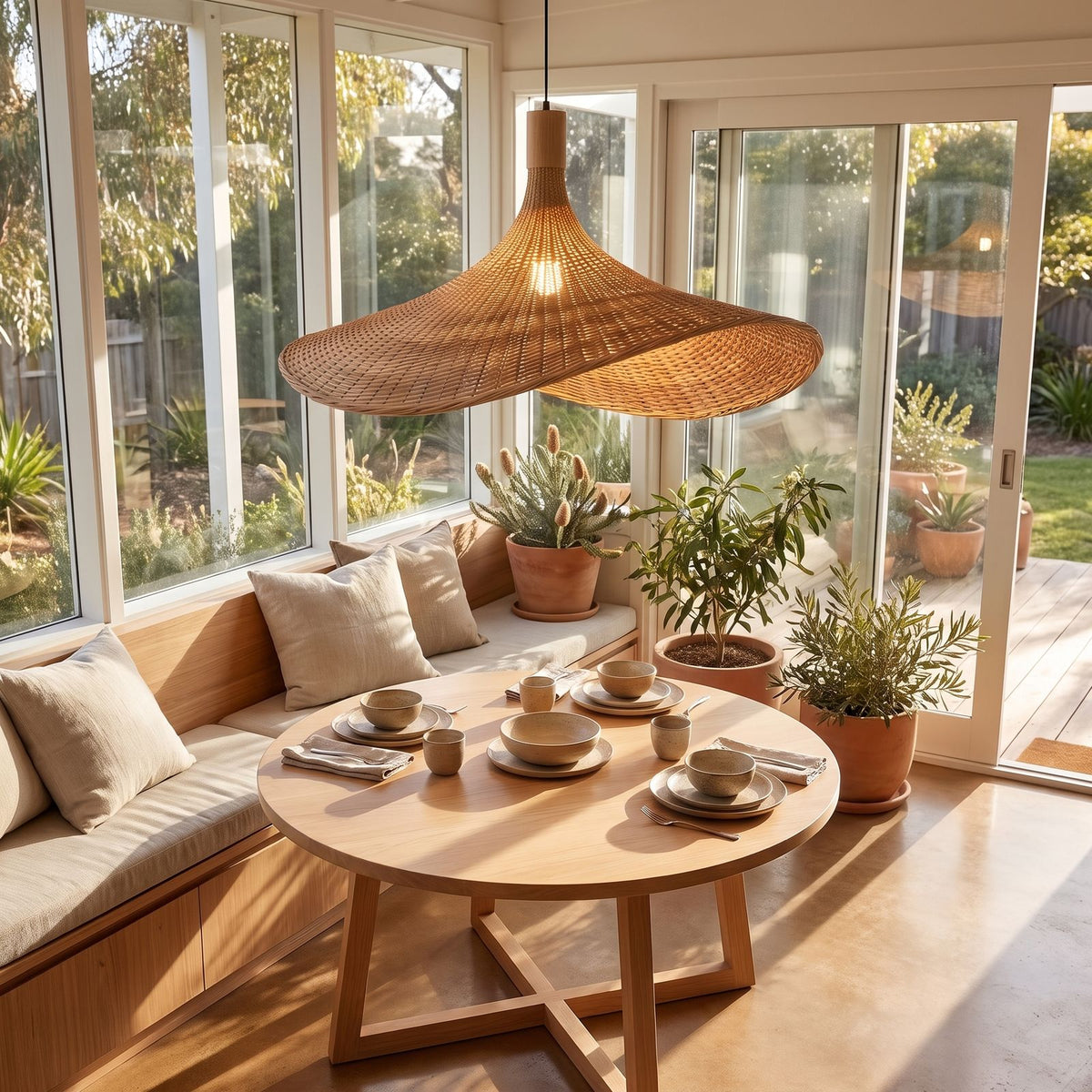Wavy brim woven bamboo pendant light over a breakfast table in daylight