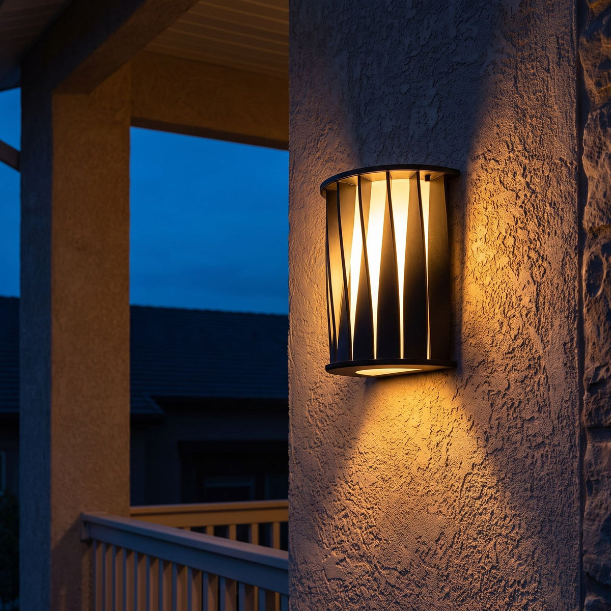 Wavy Openwork Stainless Steel Outdoor Wall Light on a porch wall at dusk
