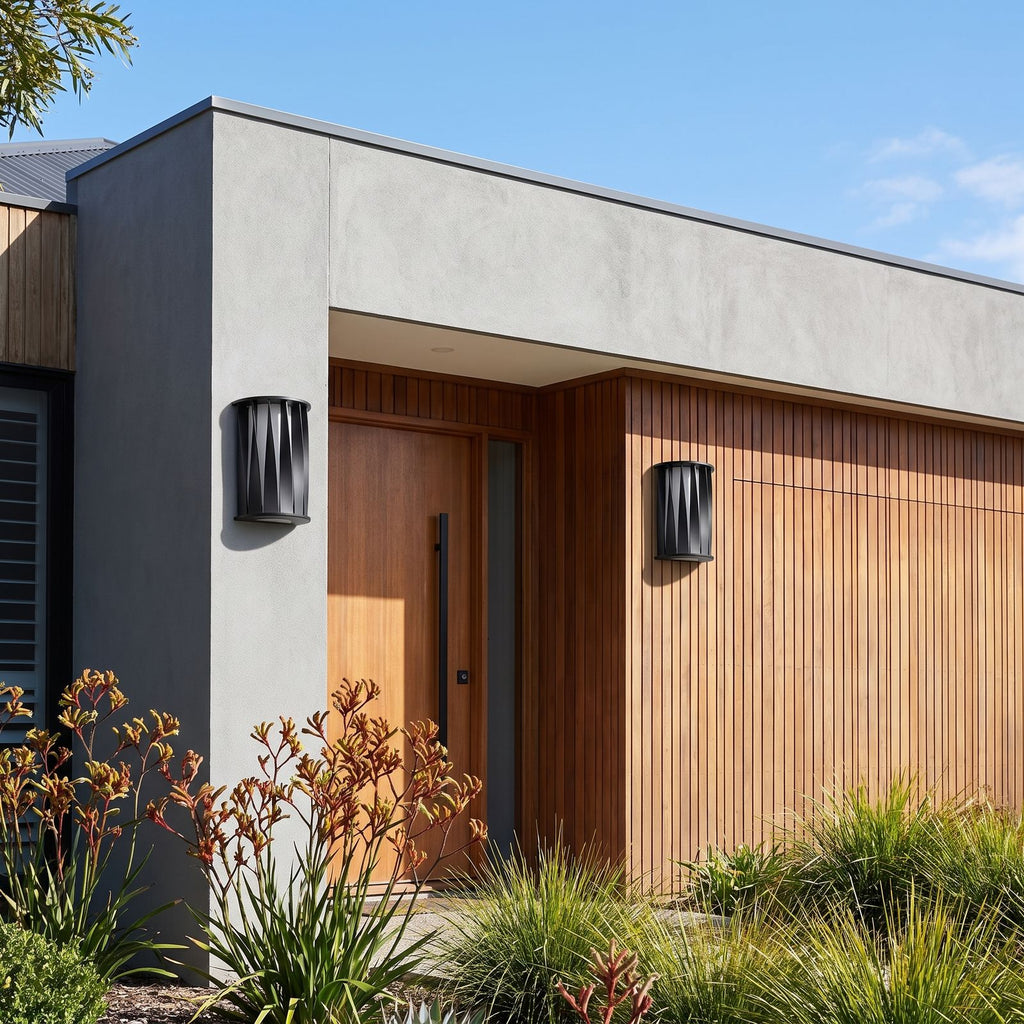 Wavy Openwork Stainless Steel Outdoor Wall Light in a pair on the facade of an Australian home
