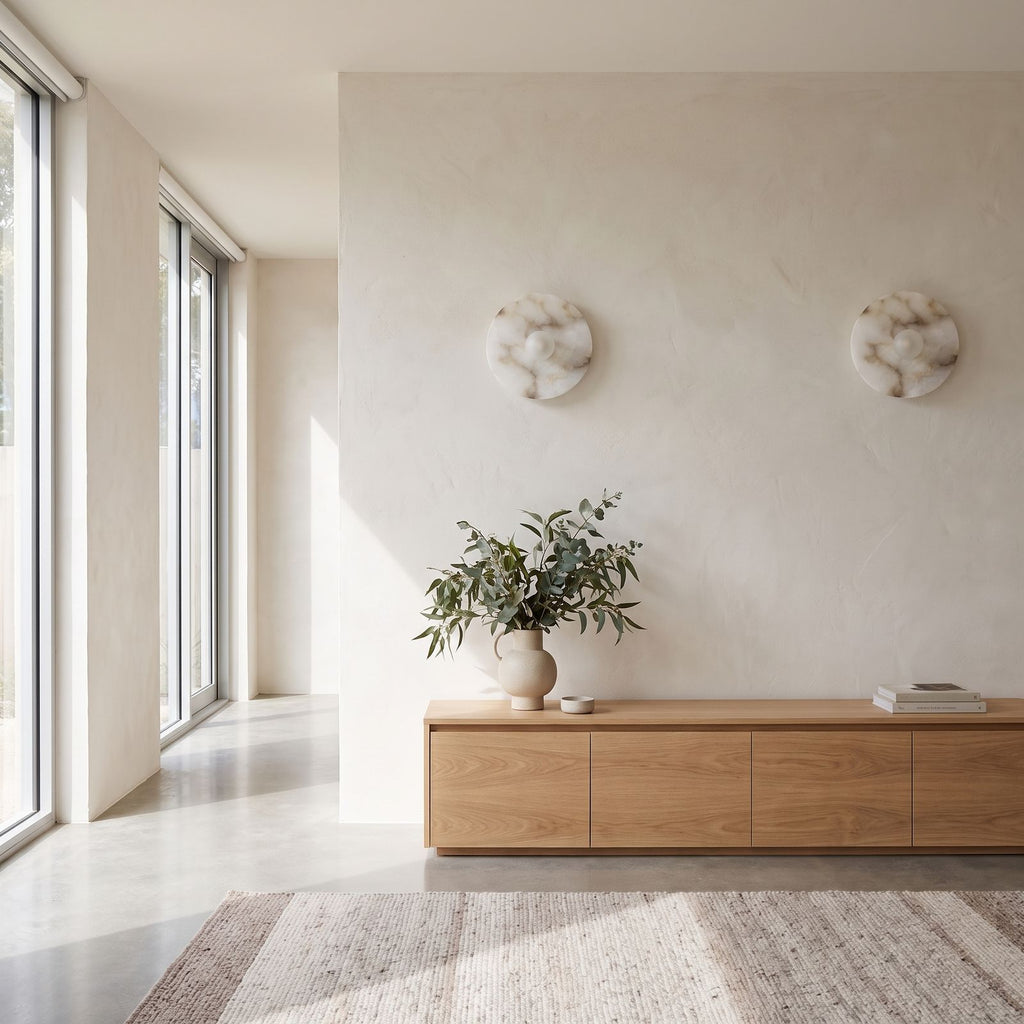 White Alabaster Halo Wall Light in a pair on a wall of an Australian home