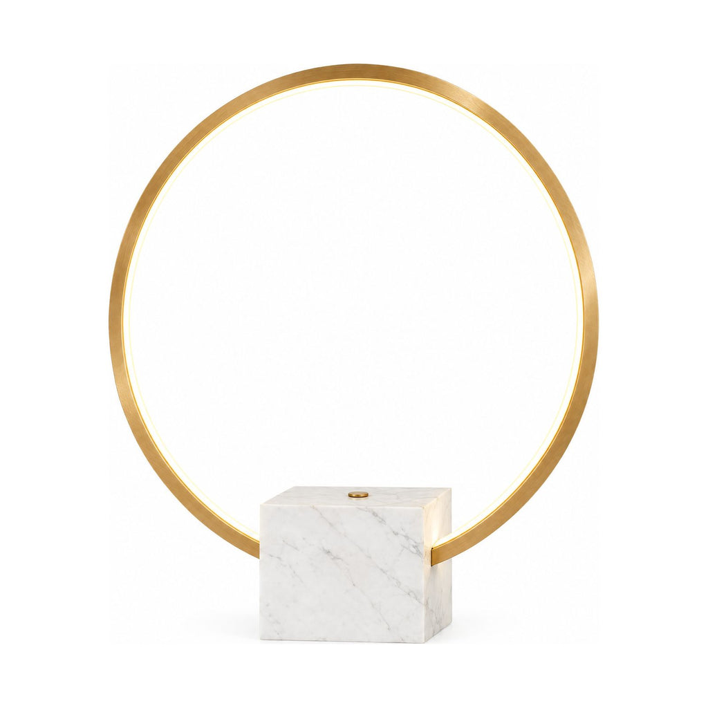 White Marble and Copper LED Table Lamp on a white background