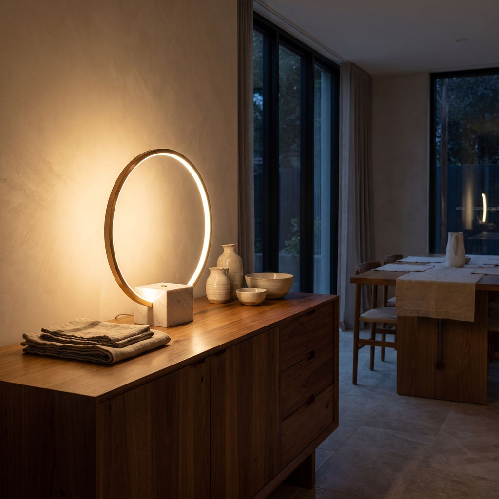 White Marble and Copper LED Table Lamp on a timber sideboard in a dining room