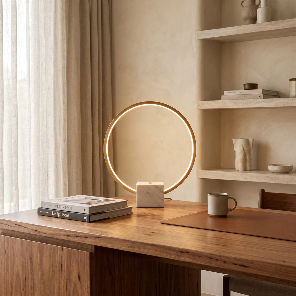 White Marble and Copper LED Table Lamp on a study desk