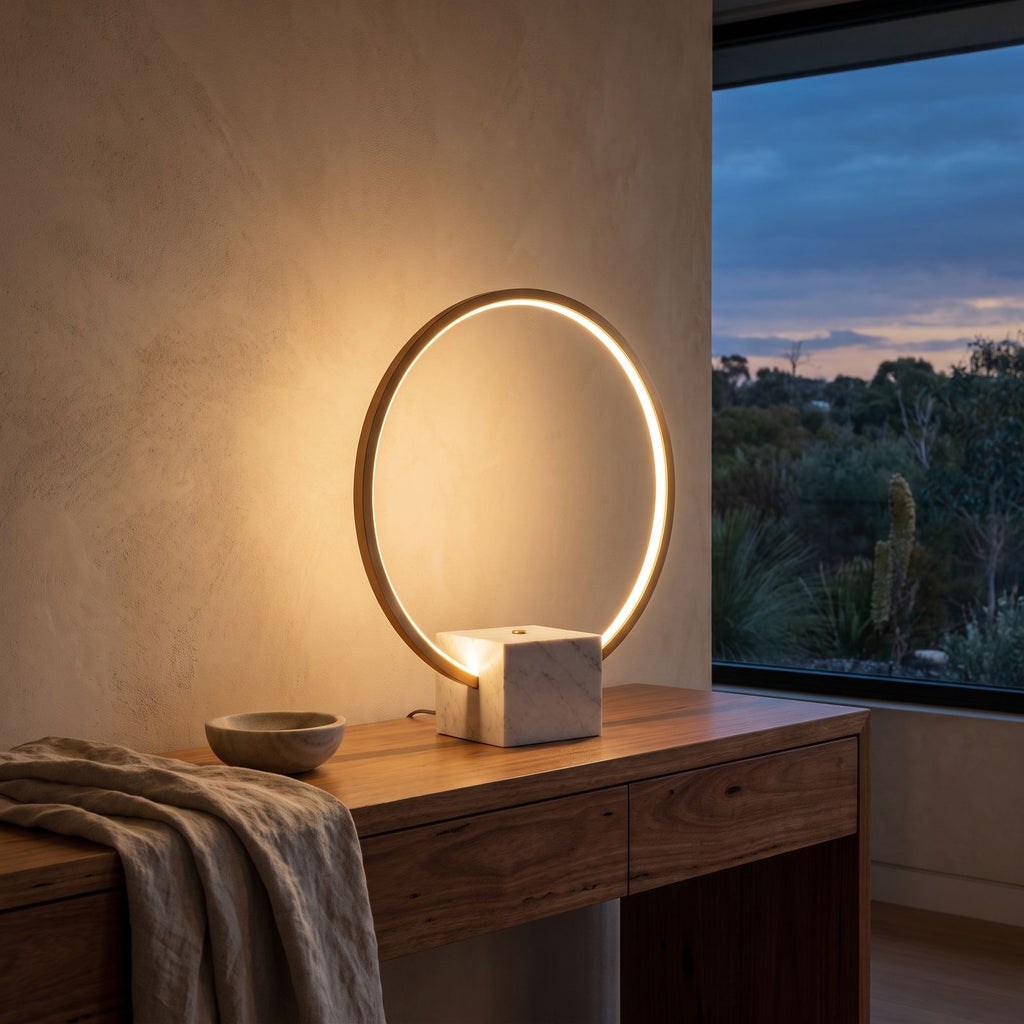 White Marble and Copper LED Table Lamp glowing on a timber console at dusk