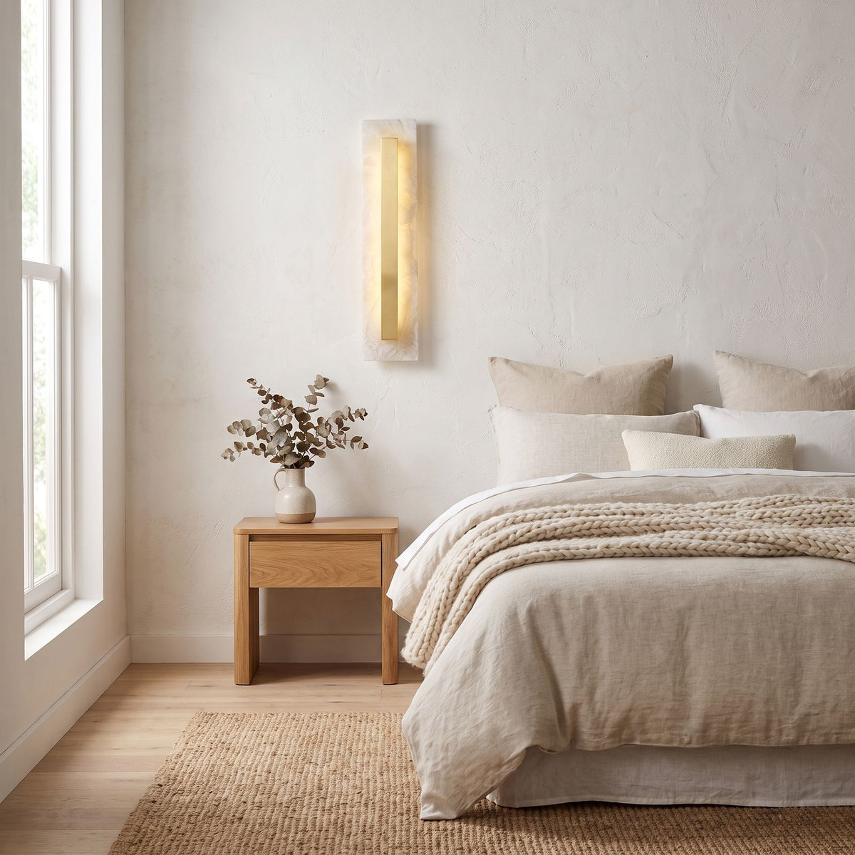 Wide Alabaster Panel Brass Wall Light on a bedroom wall beside the bed