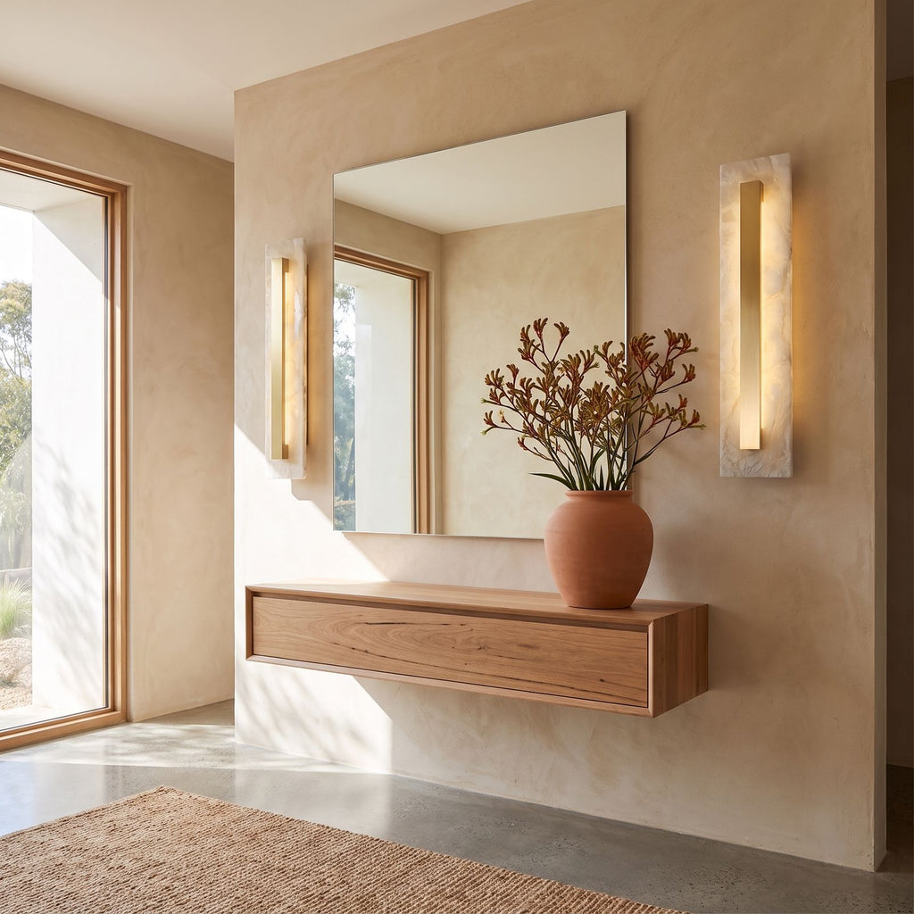 Wide Alabaster Panel Brass Wall Light in a pair on a wall of an Australian home