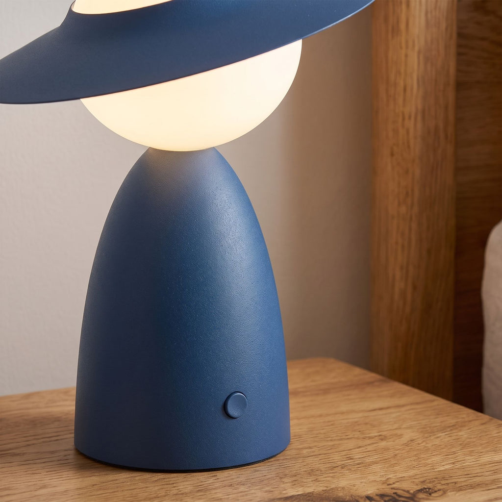 Close-up of the blue body, button and frosted glass globe