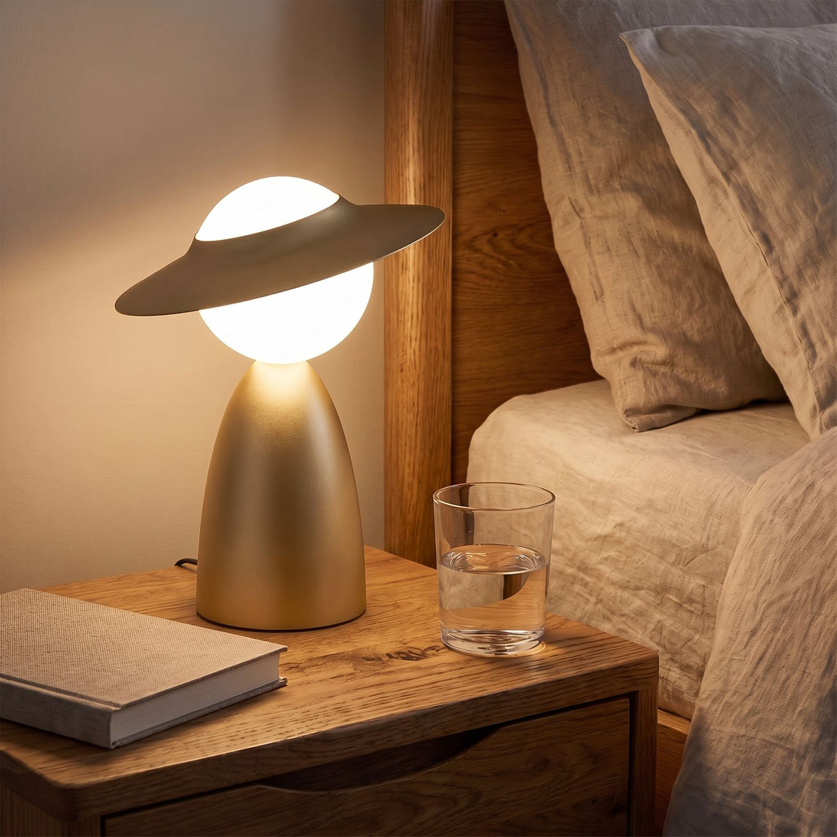 Wide Brim Hat Frosted Glass Globe Table Lamp in gold on a bedside table