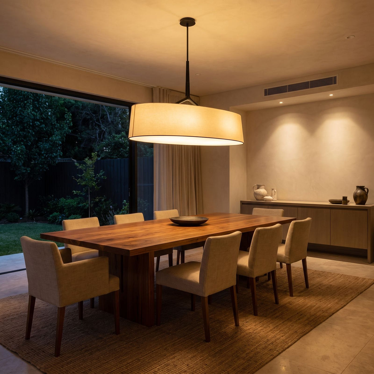 Wide Fabric Drum LED Pendant Light above a timber dining table