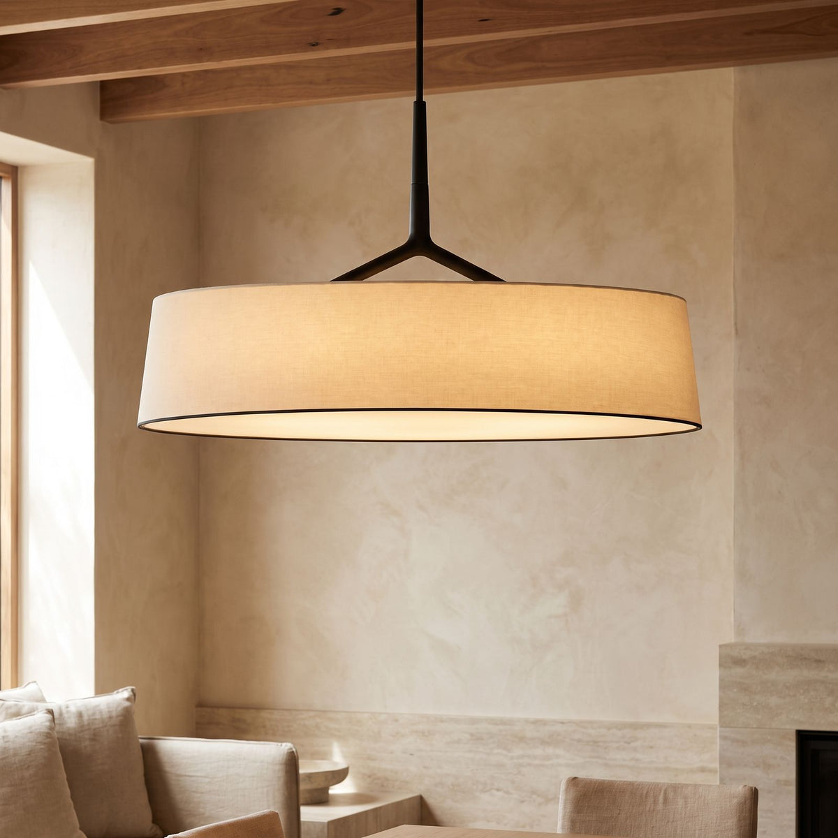 Wide Fabric Drum LED Pendant Light, close view from below