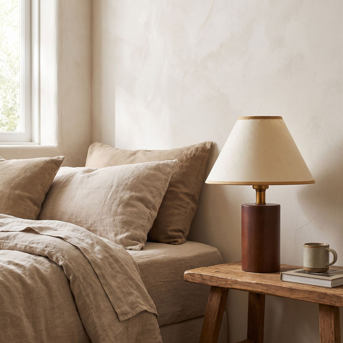 Wood Base Cone Shade Bedside Table Lamp on a bedside table