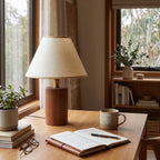 Wood Base Cone Shade Bedside Table Lamp on a study desk