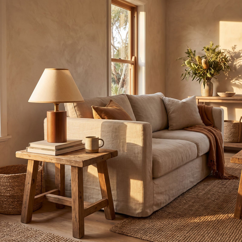 Wood Base Cone Shade Bedside Table Lamp on a side table beside a sofa