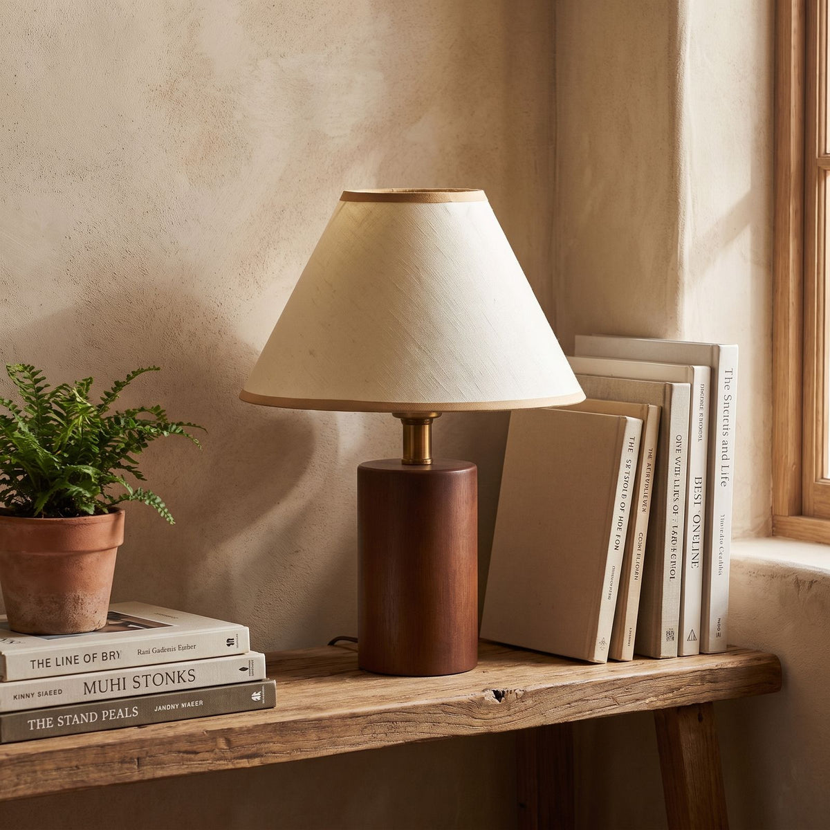 Wood Base Cone Shade Bedside Table Lamp on a shelf beside books