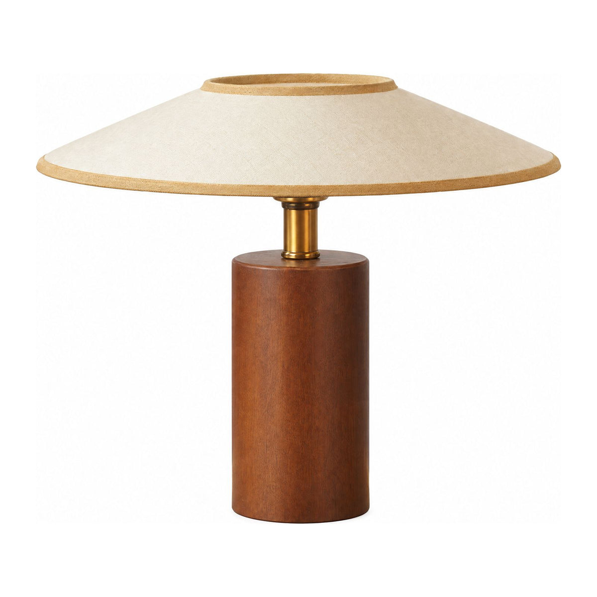 Wood Base Cone Shade Bedside Table Lamp with a wide disc shade on a white background