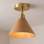 Wood Cone Shade Brass Semi-Flush Ceiling Light: close-up on a plain ceiling