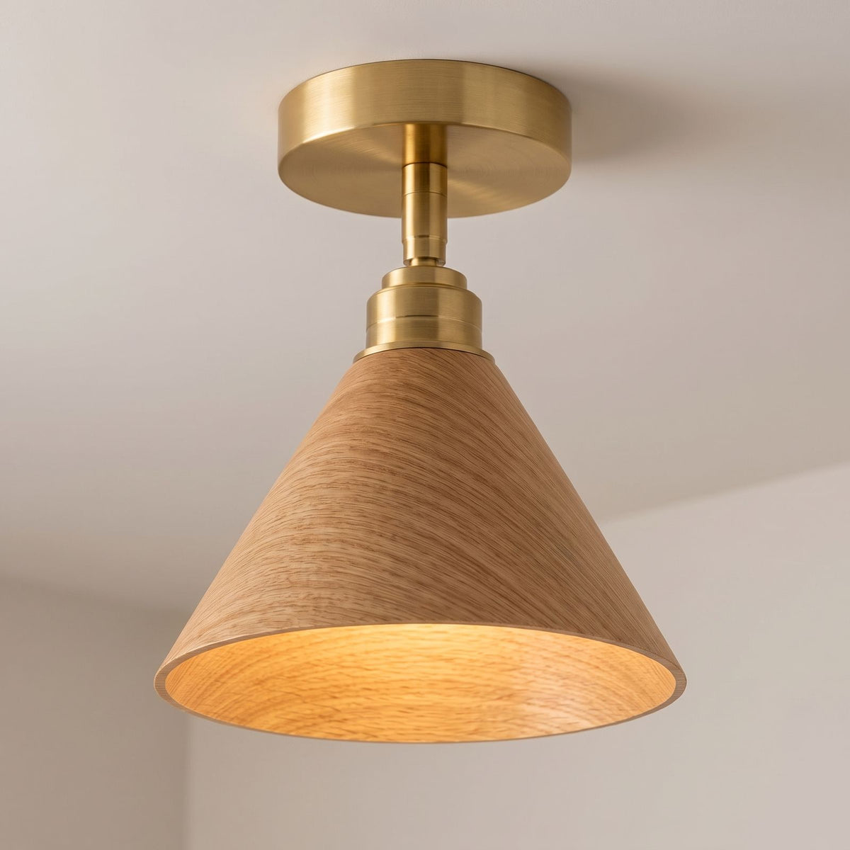 Wood Cone Shade Brass Semi-Flush Ceiling Light: close-up on a plain ceiling