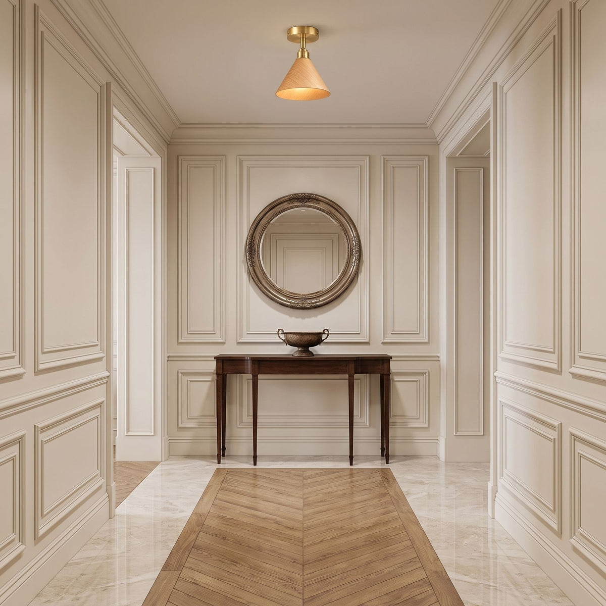 Wood Cone Shade Brass Semi-Flush Ceiling Light in a hallway