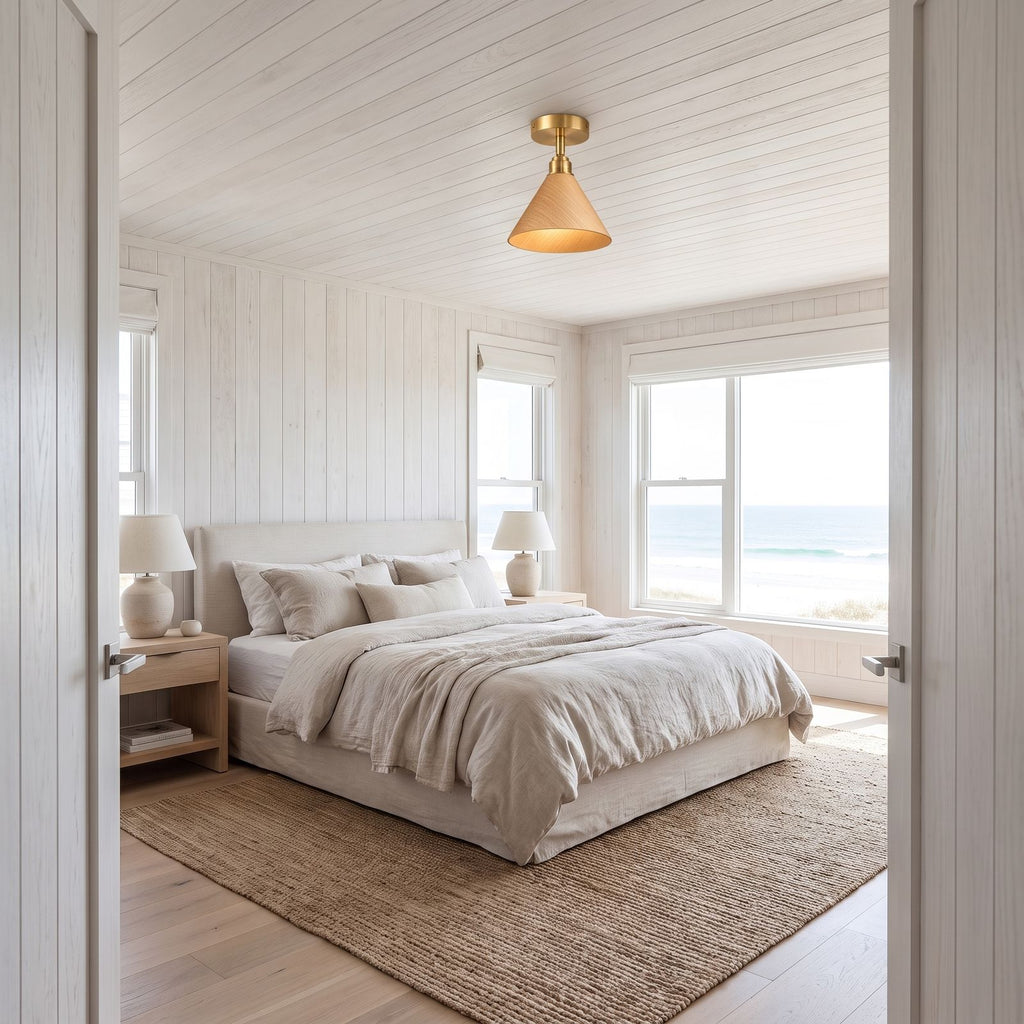 Wood Cone Shade Brass Semi-Flush Ceiling Light in a bedroom, wide view