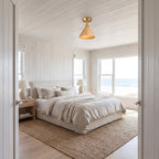 Wood Cone Shade Brass Semi-Flush Ceiling Light in a bedroom, wide view