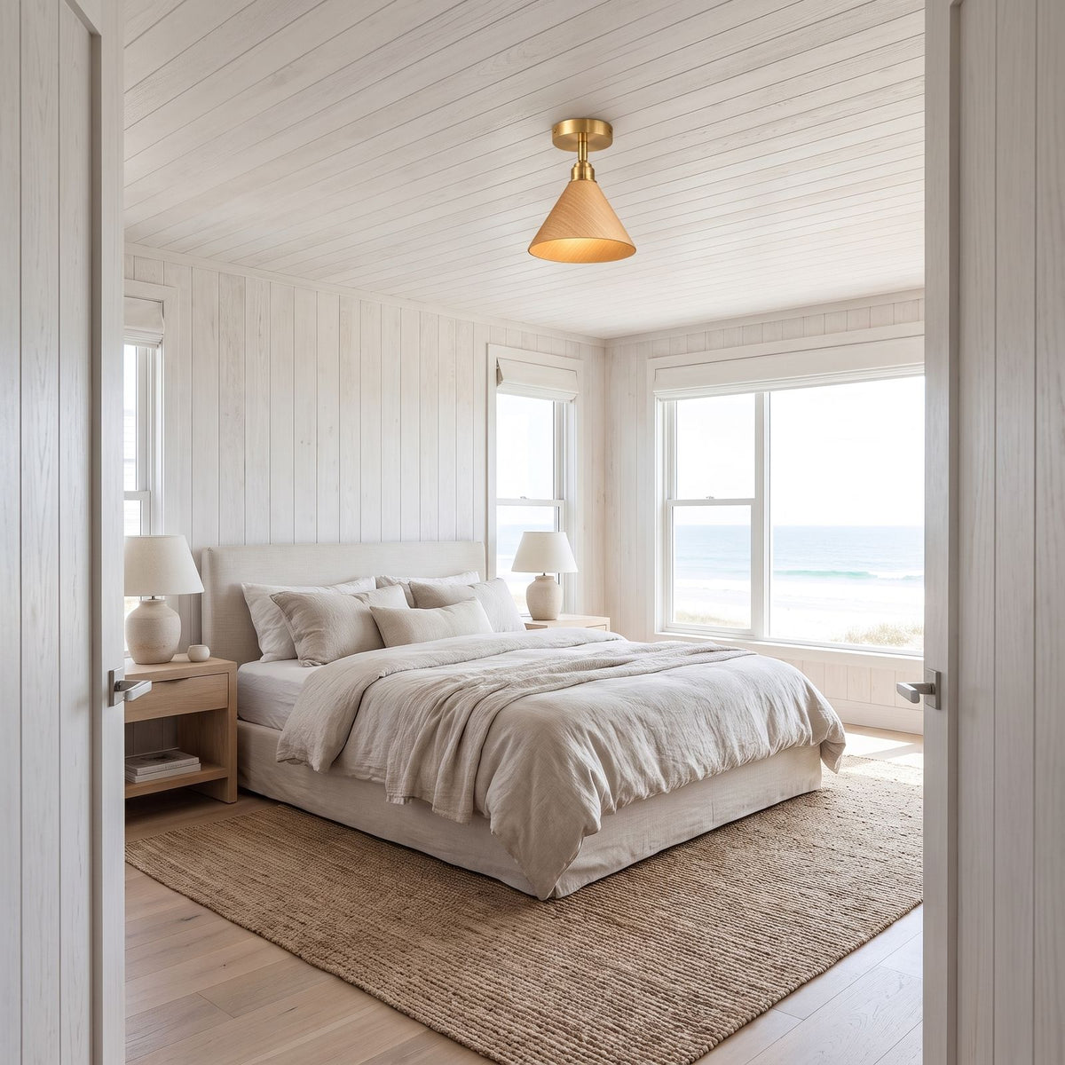 Wood Cone Shade Brass Semi-Flush Ceiling Light in a bedroom, wide view