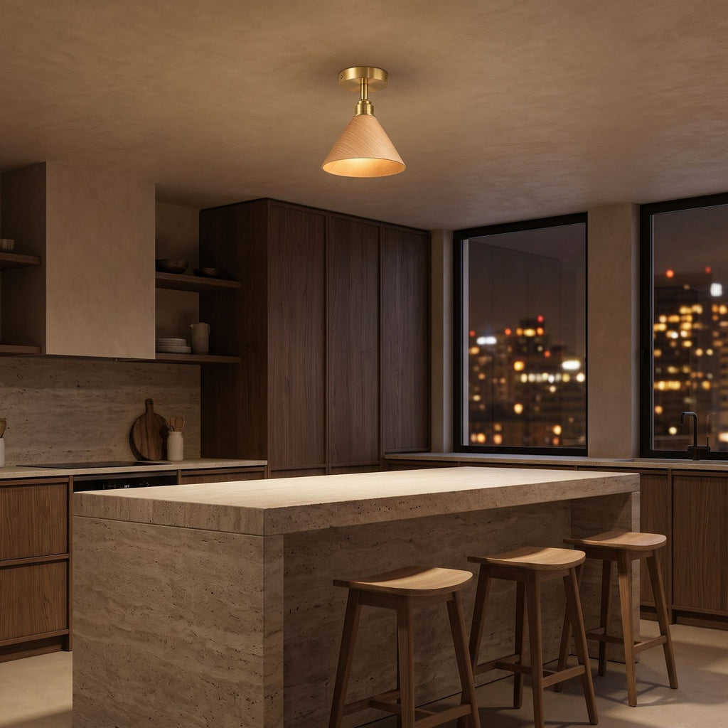 Wood Cone Shade Brass Semi-Flush Ceiling Light above a kitchen island at night