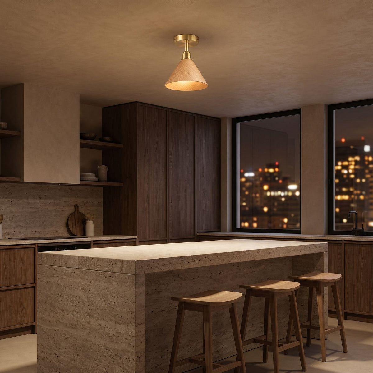 Wood Cone Shade Brass Semi-Flush Ceiling Light above a kitchen island at night