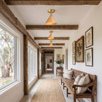 Wood Cone Shade Brass Semi-Flush Ceiling Light: three along a hallway ceiling