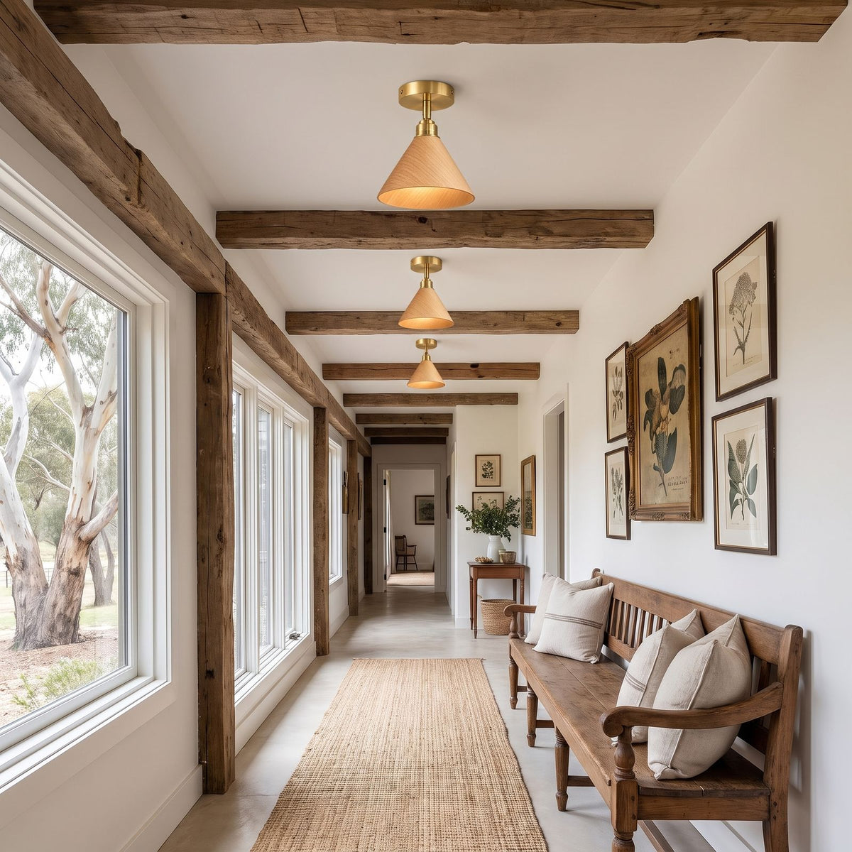 Wood Cone Shade Brass Semi-Flush Ceiling Light: three along a hallway ceiling