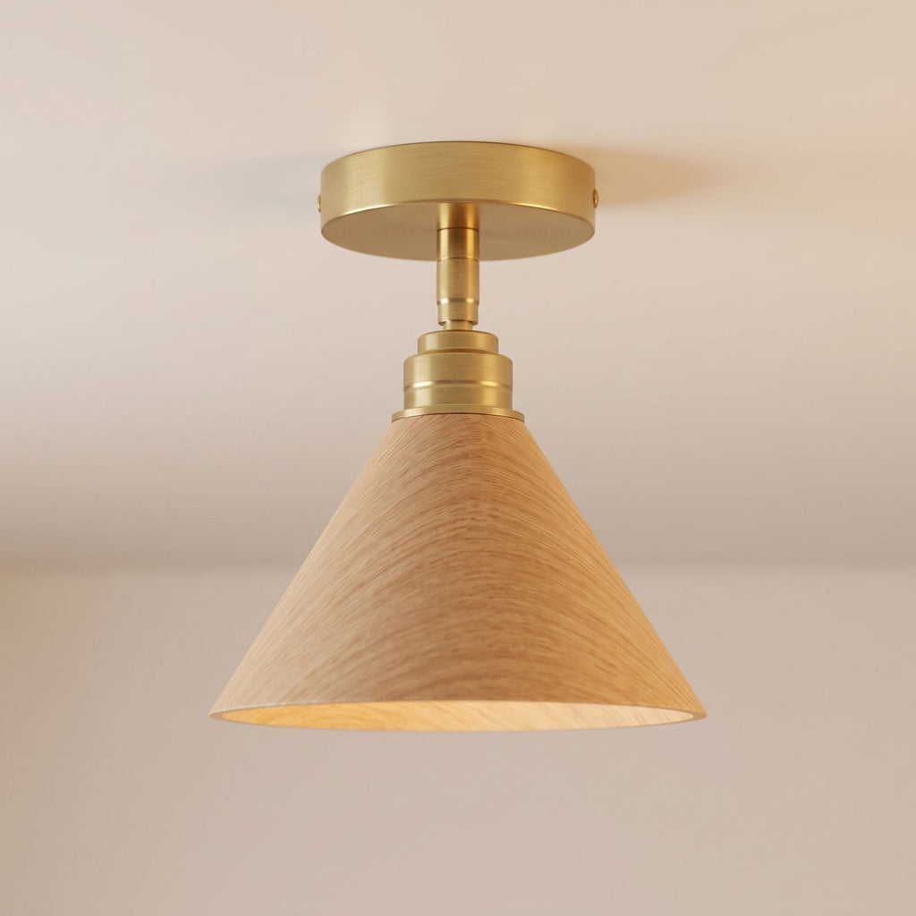 Wood Cone Shade Brass Semi-Flush Ceiling Light: side view of the materials and finish