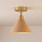 Wood Cone Shade Brass Semi-Flush Ceiling Light: side view of the materials and finish