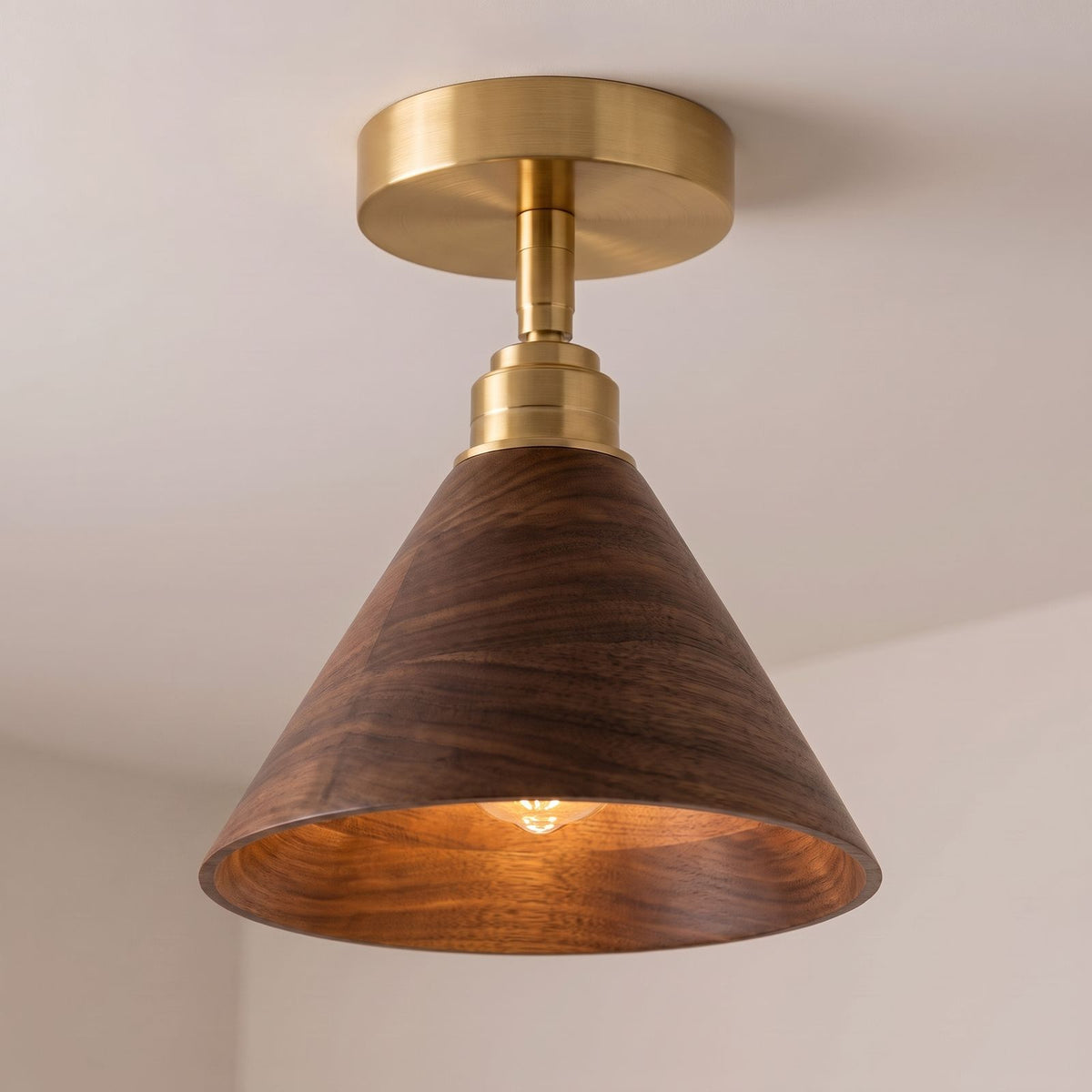 Wood Cone Shade Brass Semi-Flush Ceiling Light in walnut and brass, close-up on a plain ceiling