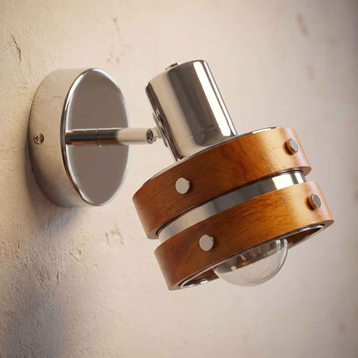 Wood Cylinder Shade Iron Disc Wall Light, close view at 45 degrees on a plaster wall
