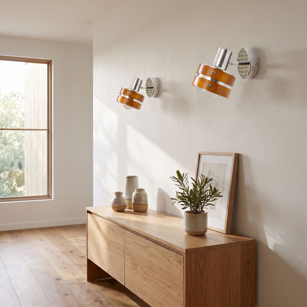 Wood Cylinder Shade Iron Disc Wall Light in a pair on a wall of an Australian home