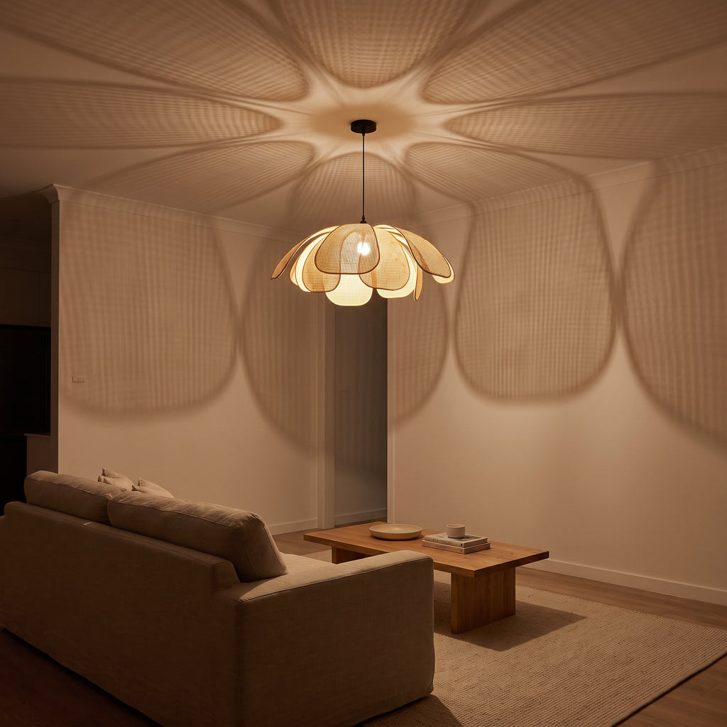 Woven Rattan Petal Flower Pendant Light, Ø60 cm, casting a soft petal pattern across a living room ceiling at night