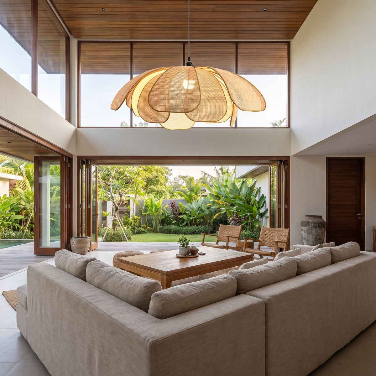 Woven Rattan Petal Flower Pendant Light, Ø80 cm, in a double-height living room of a tropical villa