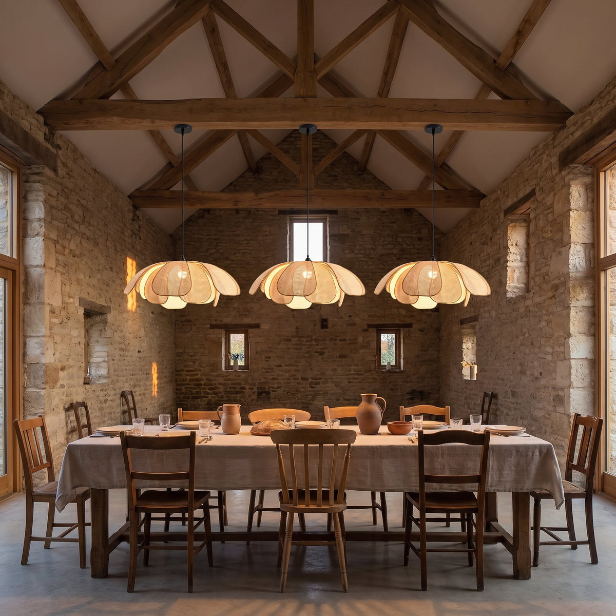 Three Woven Rattan Petal Flower Pendant Lights, Ø50 cm, in a row above a long dining table in a converted barn