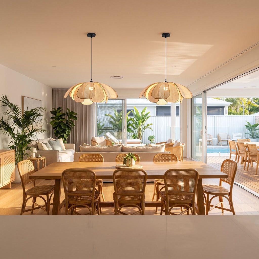 Two Woven Rattan Petal Flower Pendant Lights, Ø60 cm, above a dining table in an open-plan resort-style home