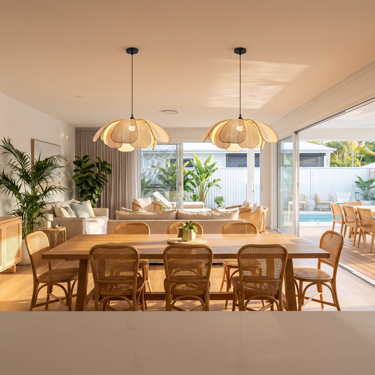 Two Woven Rattan Petal Flower Pendant Lights, Ø60 cm, above a dining table in an open-plan resort-style home