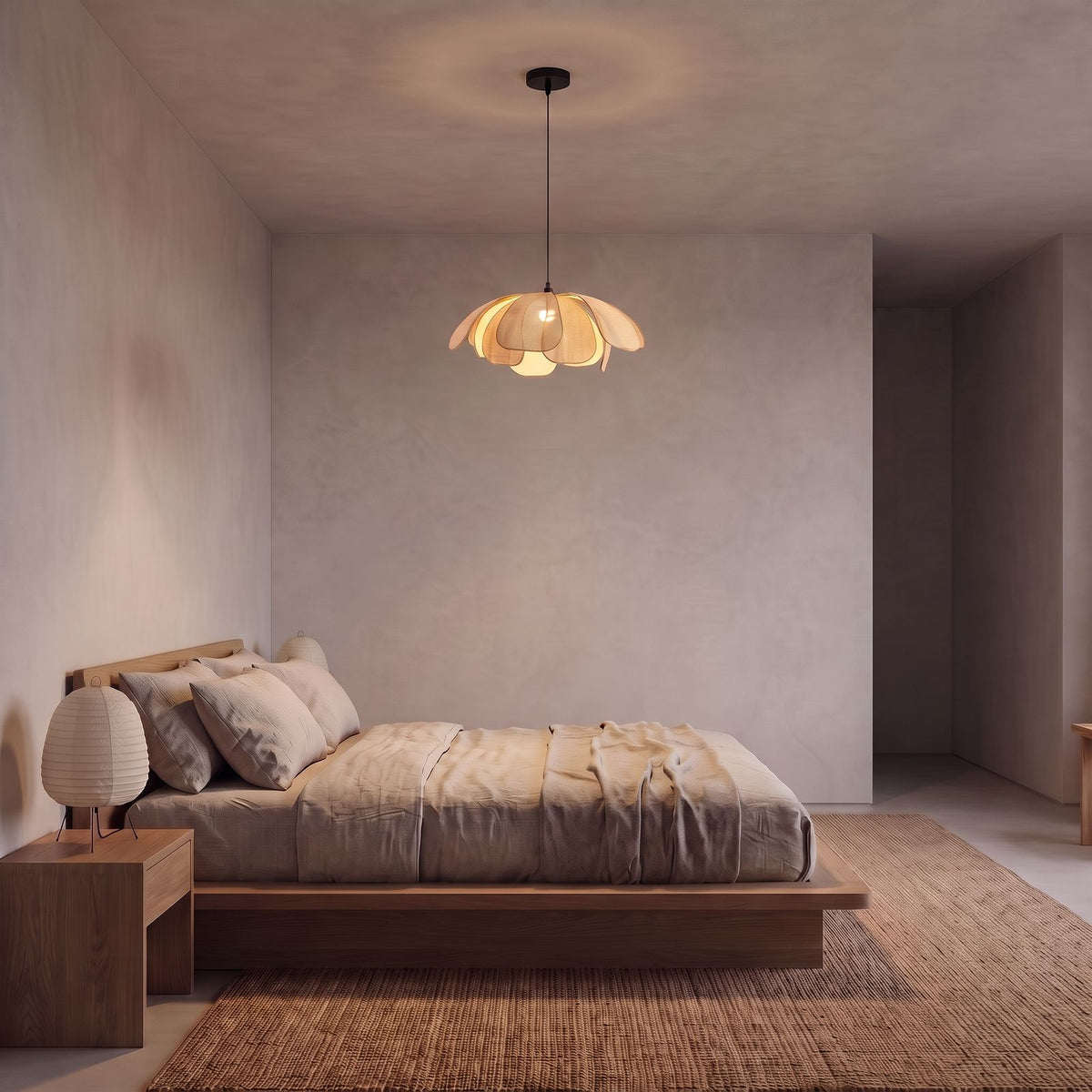 Woven Rattan Petal Flower Pendant Light, Ø50 cm, on the ceiling of a Japandi bedroom